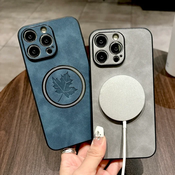 MagSafe Lederoptik Hülle iPhone 12-17 Pro Max Plus Ahornblatt Design – Bild 5