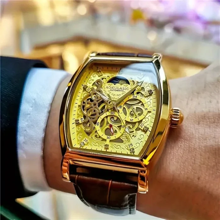 Herren Automatikuhr Skeleton Tonneau 40-44mm Edelstahl mit Kunstlederarmband – Bild 5