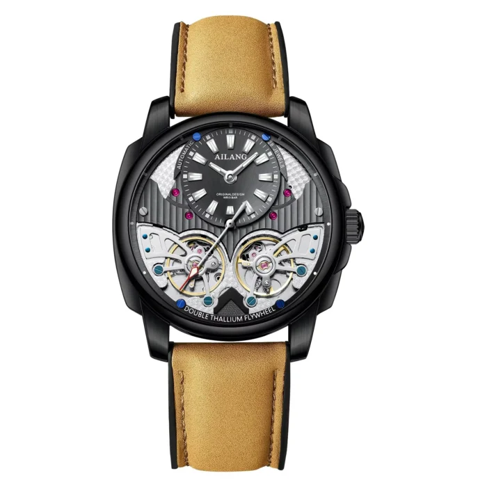 AILANG AL-8832 Automatic Skeleton Watch Double Flywheel Stainless Steel Leather Band – Bild 1