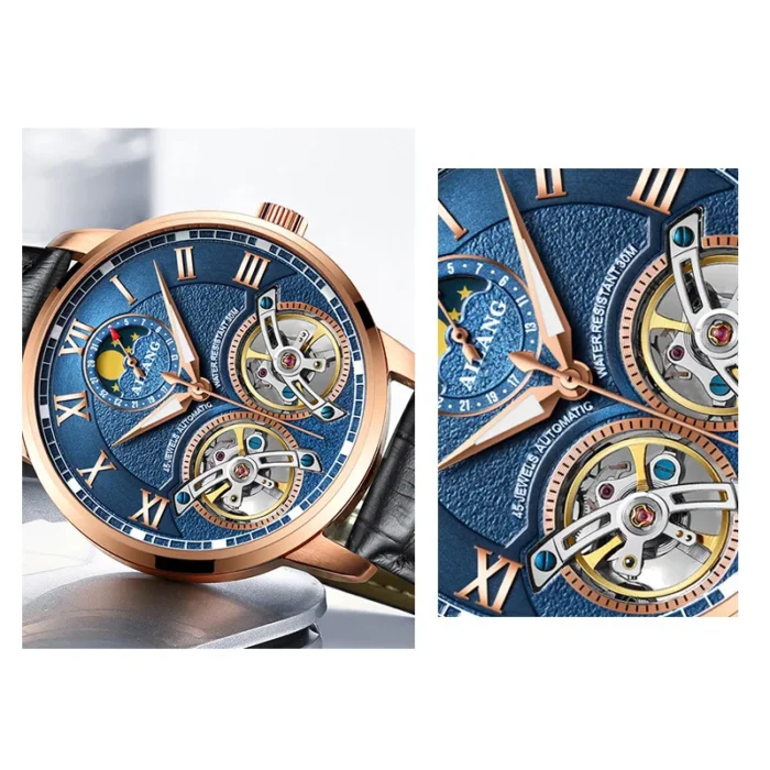 AILANG Herrenuhr Automatik Mechanik f. Business Leder Mondphase – Bild 6