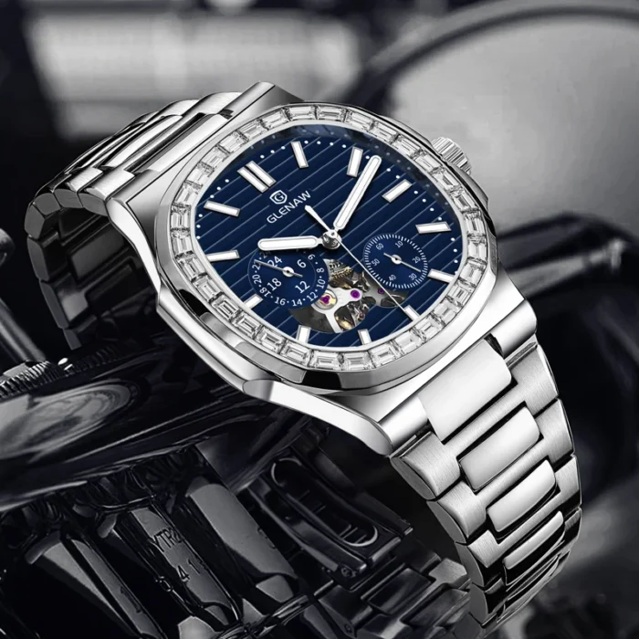 Herrenuhr Automatik Edelstahl 43 mm Dualanzeige Zirkonia Lünette Mineralglas – Bild 4