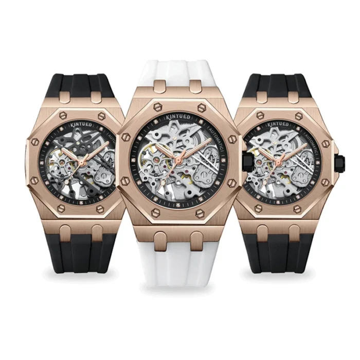 KINYUED Automatikuhr Herren Skelett 42mm Roségold Silikonband 3 ATM wasserabweisend – Bild 5