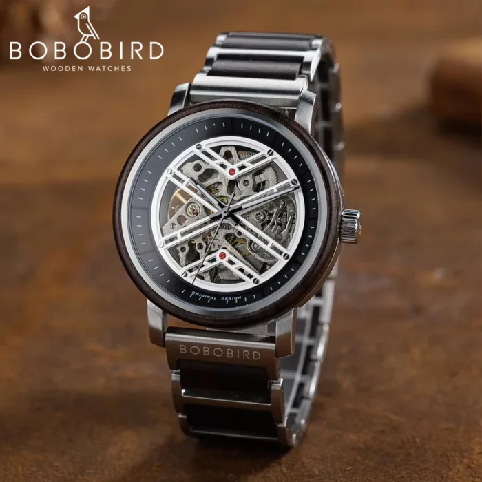 Automatik Uhr f. Herren BOBO BIRD Holz Skelett Leder Geschenkbox – Bild 1