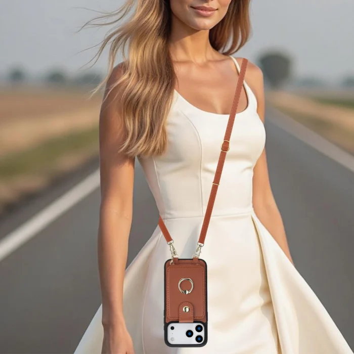 iPhone 15 14 13 Hülle mit Kartenfach Lanyard Magnetverschluss RFID Schutz Ring – Bild 2