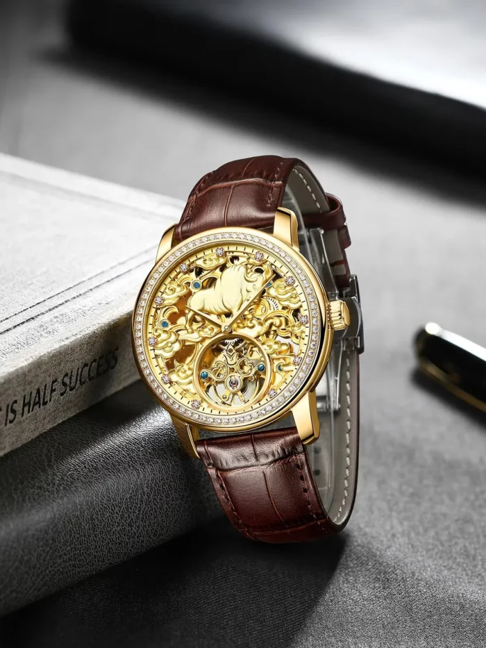 AILANG 8313 Automatik Skelett Gold Leder Wasserresistent 13mm 22cm Armband – Bild 4