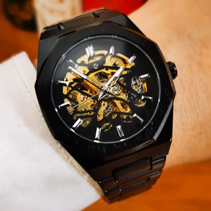 Herren Automatikuhr Skelett 40mm Open Heart Edelstahlarmband Leuchtzeiger 3 BAR – Bild 1