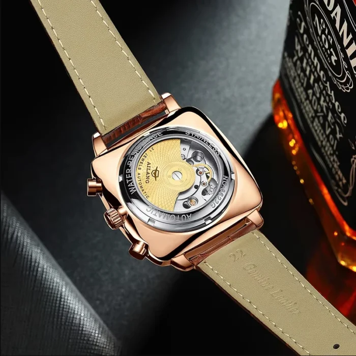 AILANG Automatik Uhr f. Herren quadratisch grün wasserdicht Lederarmband – Bild 6