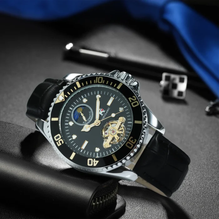 AOKULASIC Automatikuhr Herren 40mm Edelstahl Mondphase Sichtwerk Lederband – Bild 2