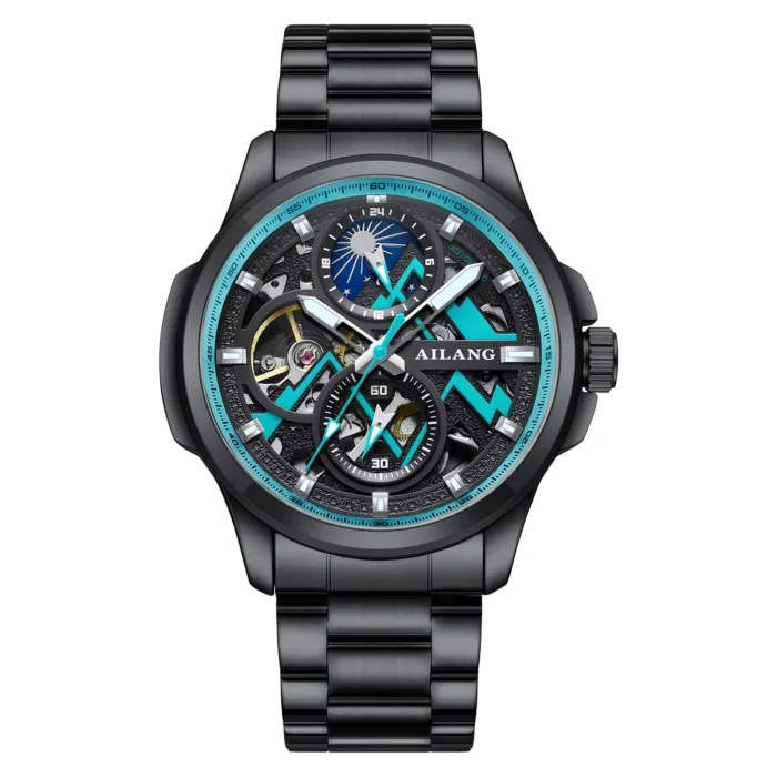 Herren Automatik Uhr Skelett f. AILANG Mondphase Luminova 42mm Schwarz – Bild 1