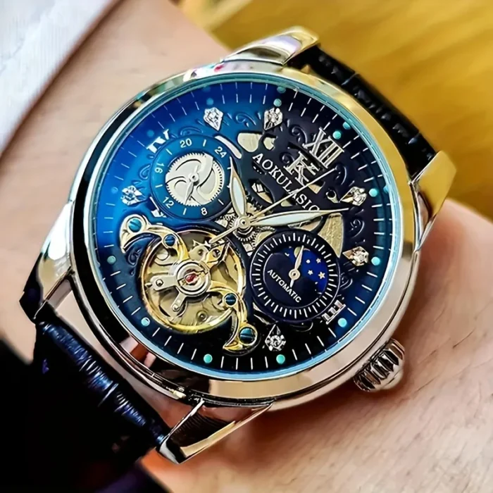 Armbanduhr f. Herren Automatik Skelett Leder Mondphase – Bild 4