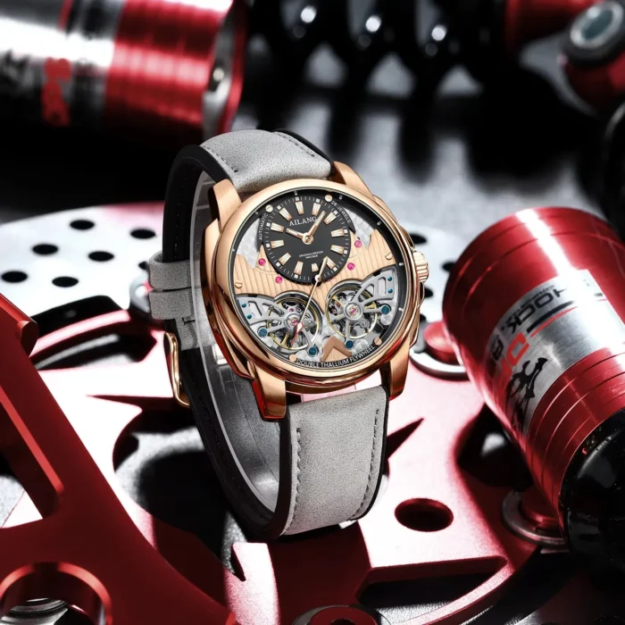 AILANG AL-8832 Automatic Skeleton Watch Double Flywheel Stainless Steel Leather Band – Bild 5