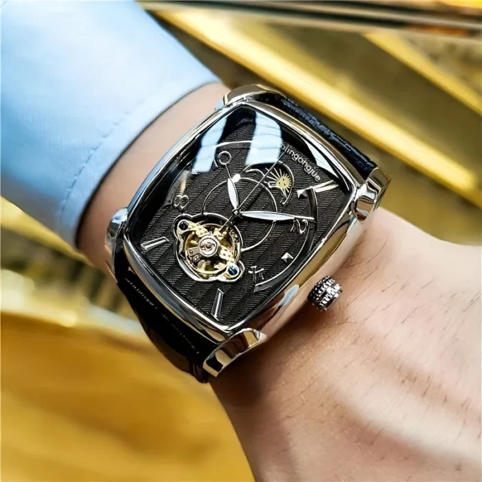 Herrenuhr f. Männer Tourbillon Automatik Leder Tonneau Mondphase – Bild 3