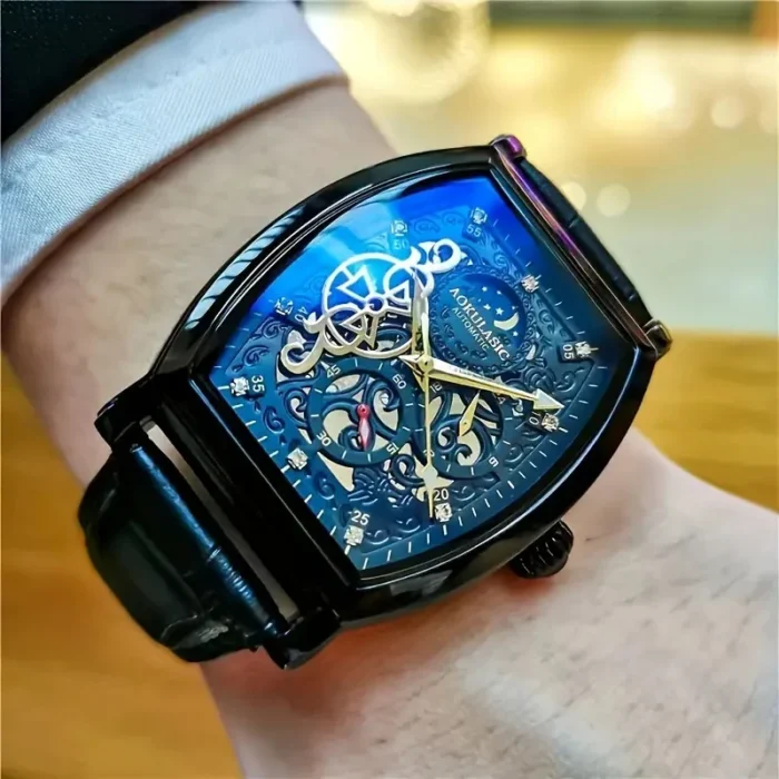 Herren Automatikuhr Skeleton Tonneau 40-44mm Edelstahl mit Kunstlederarmband – Bild 4