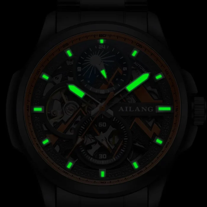 Herren Automatik Uhr Skelett f. AILANG Mondphase Luminova 42mm Schwarz – Bild 3