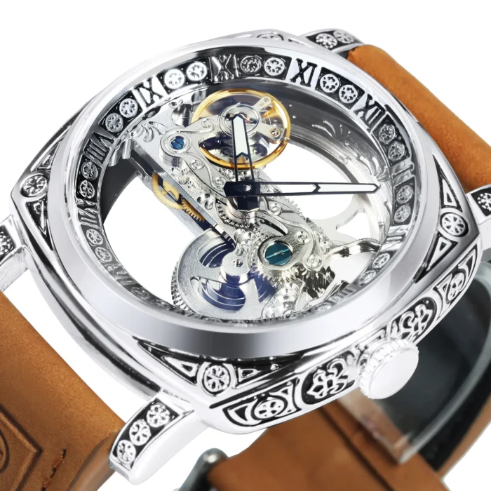 Exklusive Skelettuhr Automatikwerk 40mm Edelstahl Herrenuhr mit Lederarmband – Bild 1