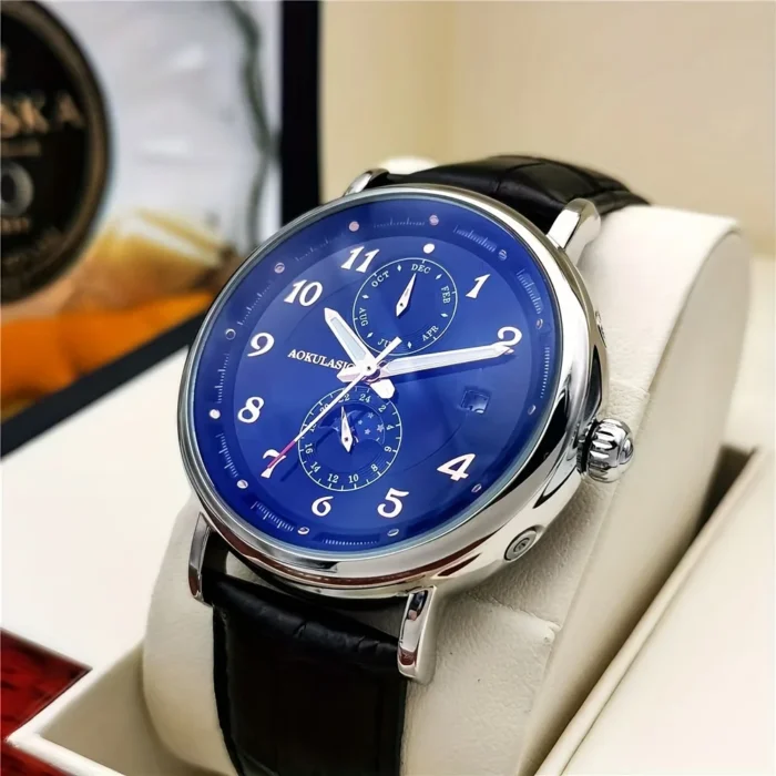 Armbanduhr f. Herren Automatik Roségold Lederarmband Blau – Bild 4