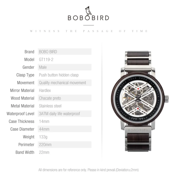 Automatik Uhr f. Herren BOBO BIRD Holz Skelett Leder Geschenkbox – Bild 5