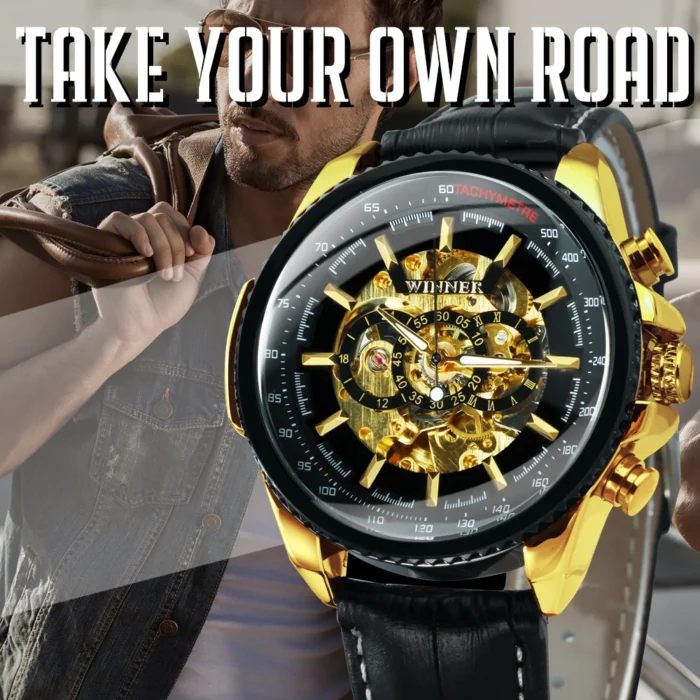 Herren Automatik Chronograph Skelettuhr Tachymeter Lederarmband Leuchtzeiger – Bild 5