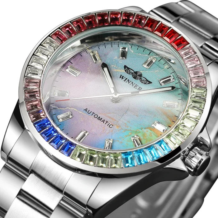 Herren Automatikuhr Regenbogen Lünette 40mm Spritzwasserschutz 3 ATM Edelstahlarmband Limited Edition – Bild 2