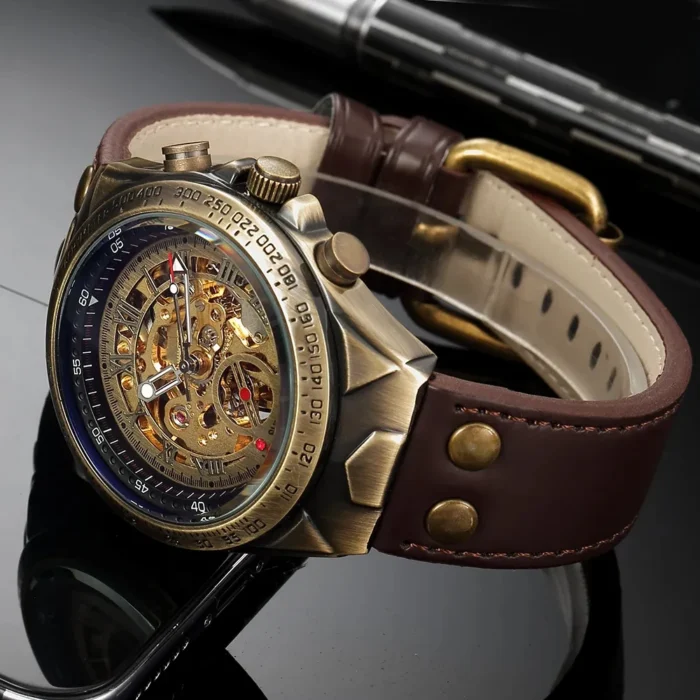 Bronze Retro Skelett Automatikuhr Herren mit Leuchtziffern & Lederband Chronograph – Bild 7