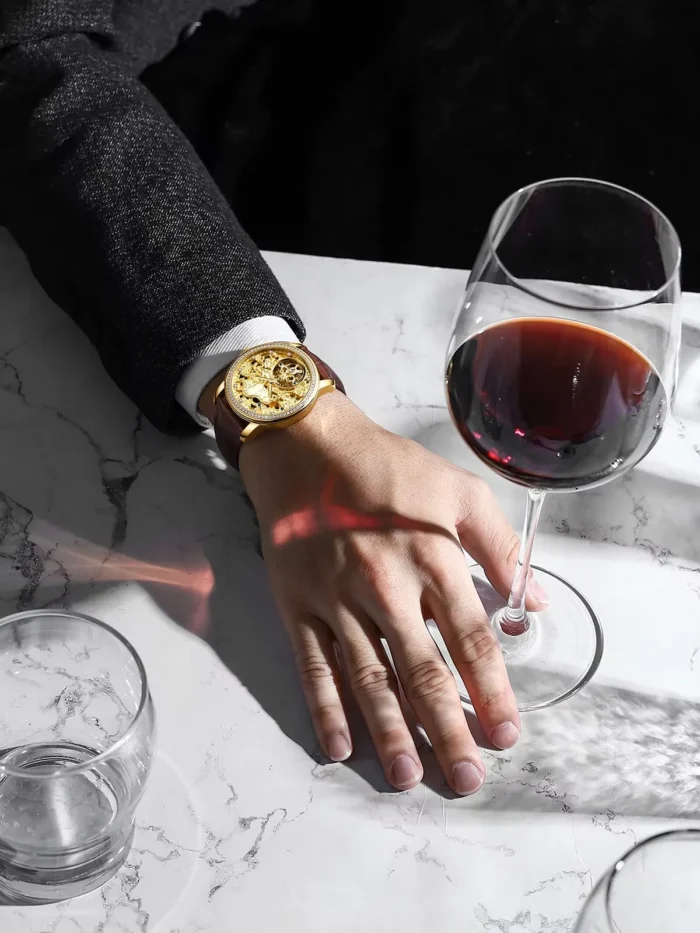 AILANG 8313 Automatik Skelett Gold Leder Wasserresistent 13mm 22cm Armband – Bild 2