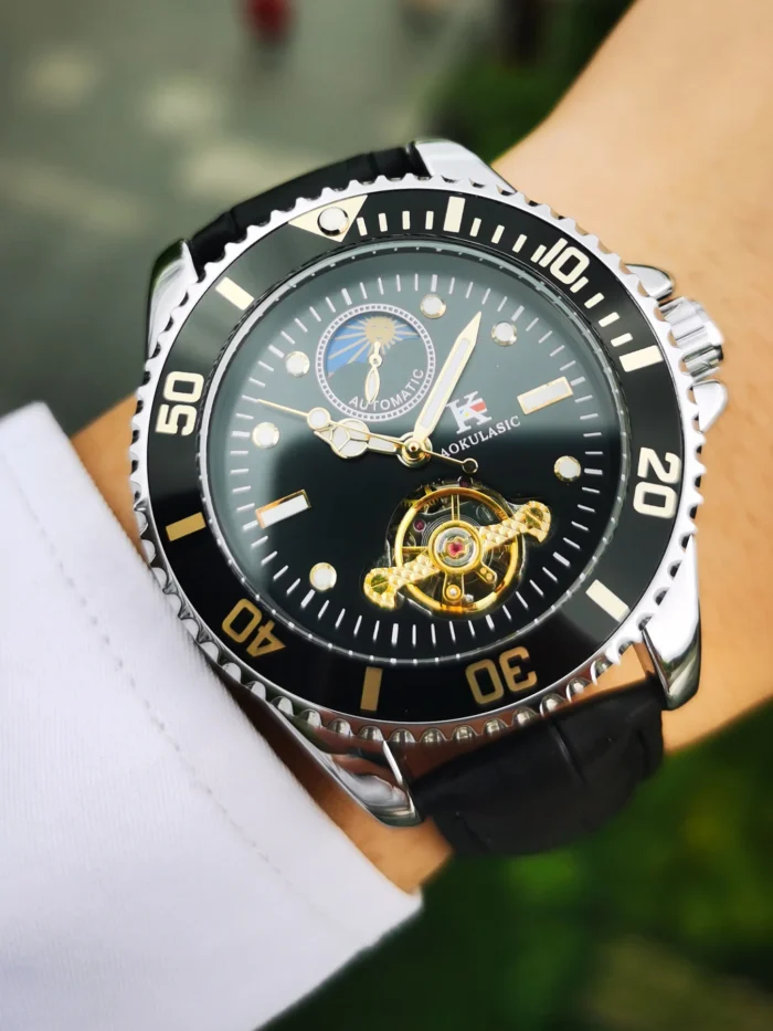 AOKULASIC Automatikuhr Herren 40mm Edelstahl Mondphase Sichtwerk Lederband – Bild 5