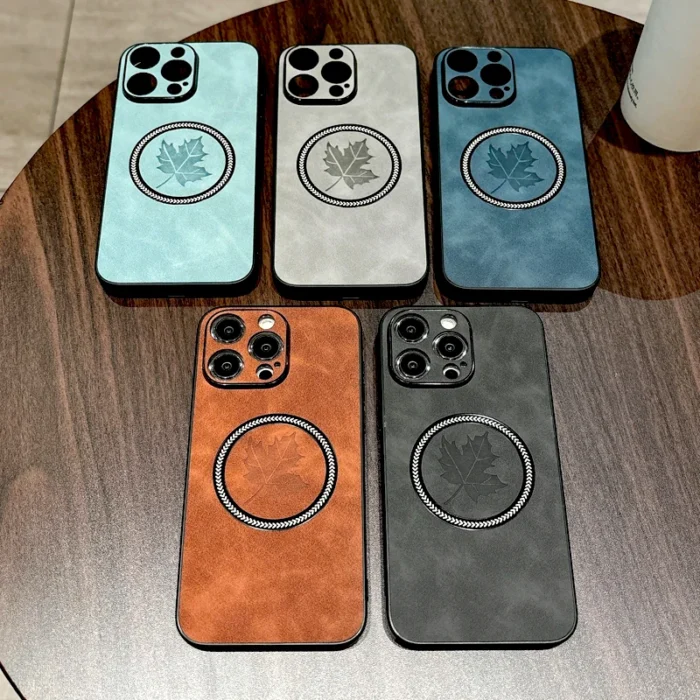 MagSafe Lederoptik Hülle iPhone 12-17 Pro Max Plus Ahornblatt Design – Bild 4