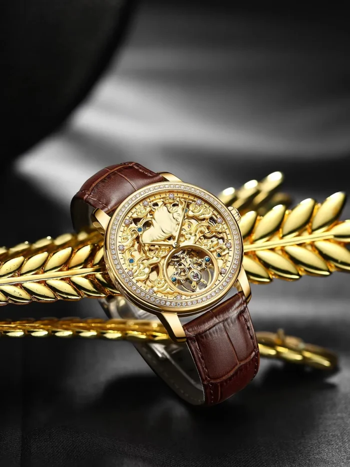 AILANG 8313 Automatik Skelett Gold Leder Wasserresistent 13mm 22cm Armband – Bild 3