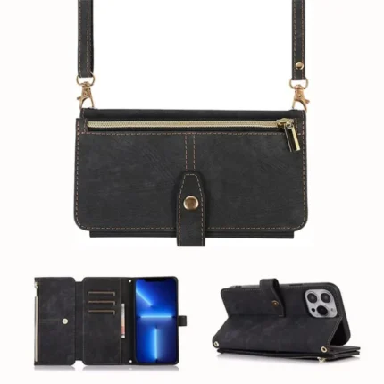 Wallet Case f. iPhone 16 15 14 Pro Max Kunstleder Crossbody Kartenhalter Ständer
