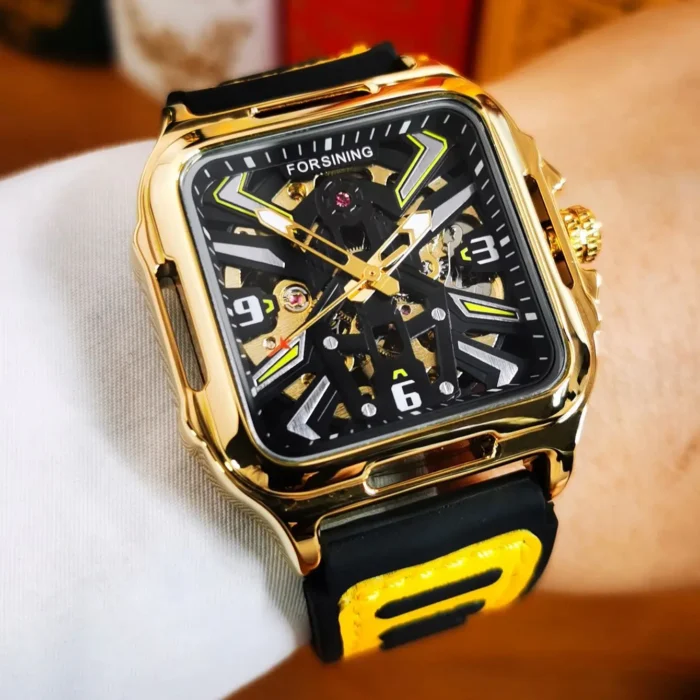 Forsining Herrenuhr Automatik Skelett 38mm FS141 Open Heart Leder-Gummi Armband – Bild 6