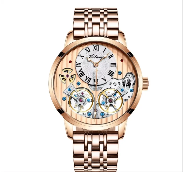 AILANG Herren Automatikuhren Skelett Lederarmband 42 mm Roségold – Bild 6