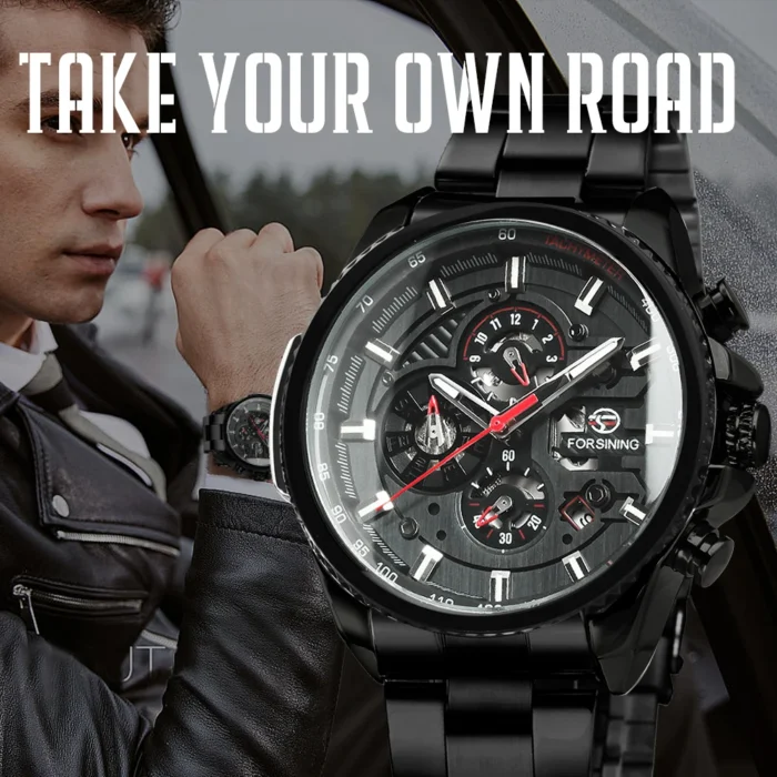 Forsining Herren Chronograph Automatikuhr Skelett 42mm 3 BAR FS073 Edelstahl – Bild 4