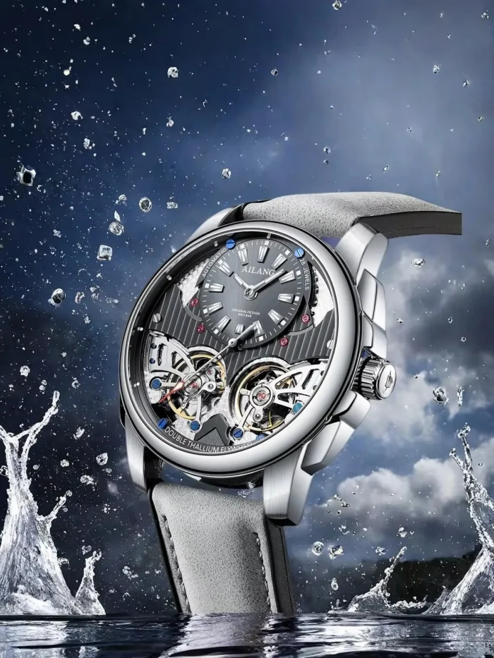AILANG AL-8832 Automatic Skeleton Watch Double Flywheel Stainless Steel Leather Band – Bild 2