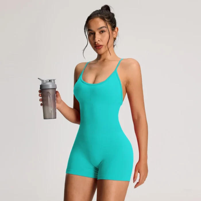 Ärmelloser Damen Bodysuit Slim Fit Yoga Sport Einteiler Nahtlos Atmungsaktiv – Bild 2