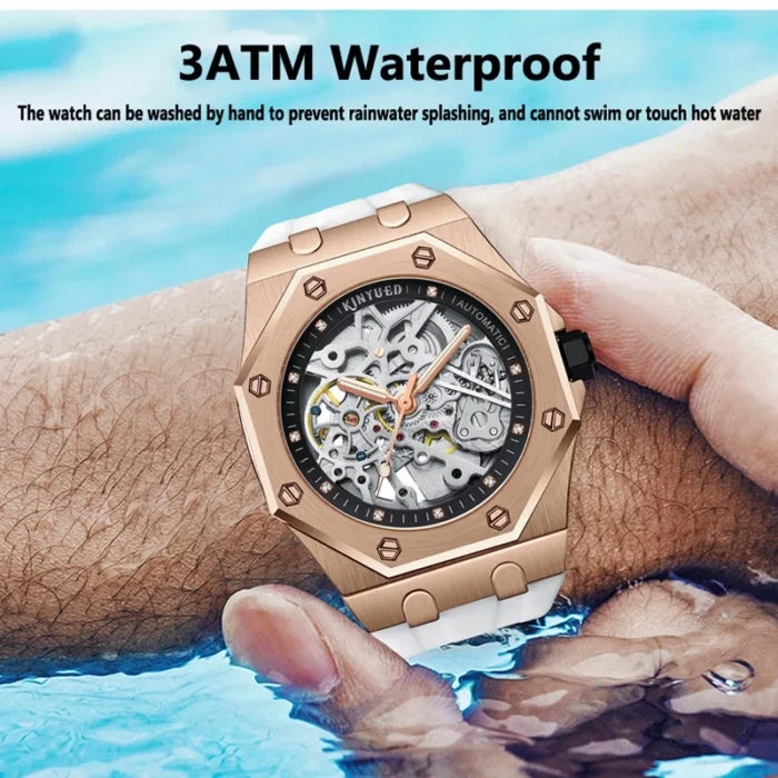 KINYUED Automatikuhr Herren Skelett 42mm Roségold Silikonband 3 ATM wasserabweisend – Bild 4