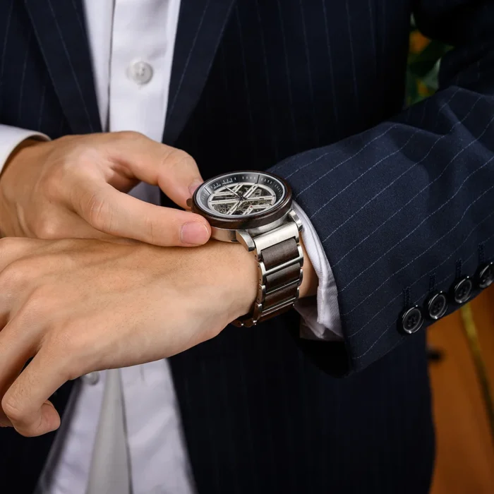 Automatik Uhr f. Herren BOBO BIRD Holz Skelett Leder Geschenkbox – Bild 2