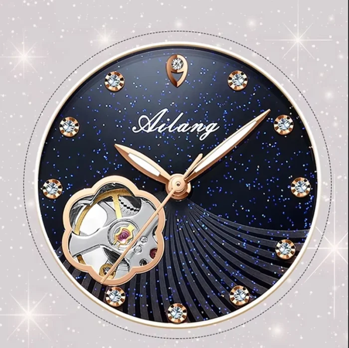 Damen Automatik Uhr Ailang Skeleton Sternenblau Lederarmband 34mm – Bild 5