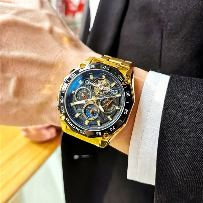 AOKULASIC Herrenuhr Automatikuhr Skelett Mondphase Chronograph Edelstahl – Bild 3