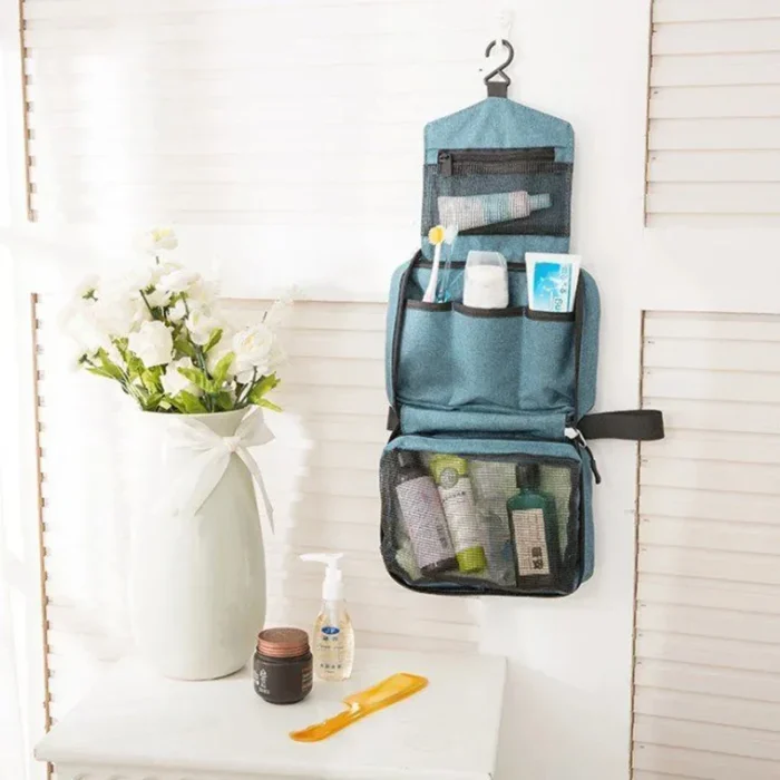 Kulturtasche Kosmetiktasche Toilettentasche faltbar wasserfest 3 Fächer mit Haken 22x14x8 cm – Bild 3