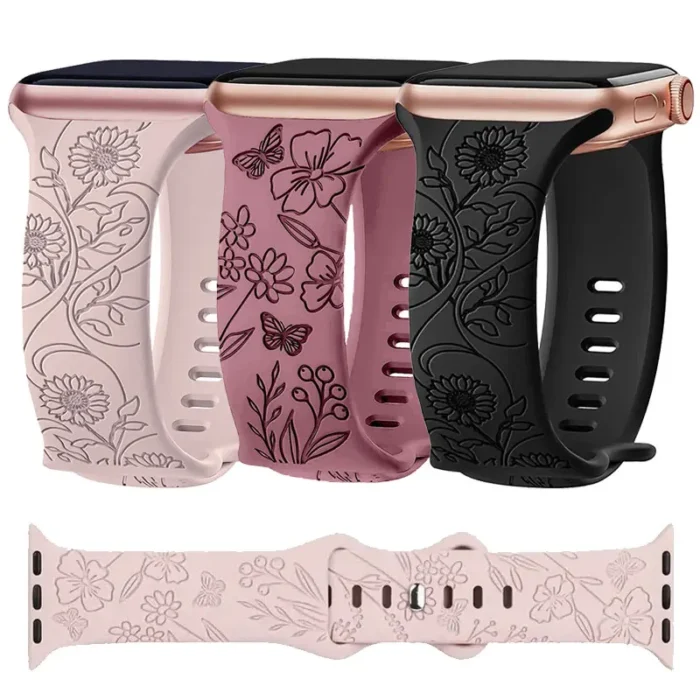 Blumenarmband für Apple Watch 40 44 45 49 mm Blumen Gravur Silikon Band – Bild 1
