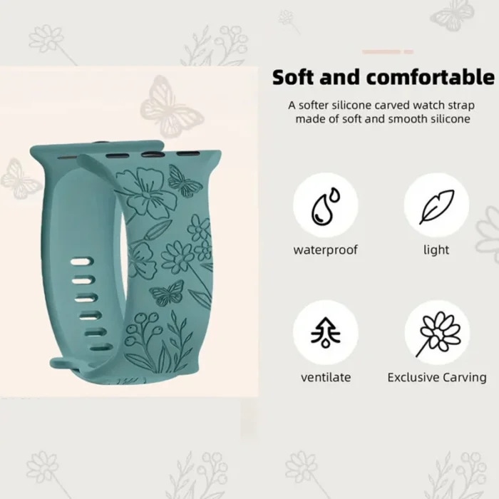 Blumenarmband für Apple Watch 40 44 45 49 mm Blumen Gravur Silikon Band – Bild 3