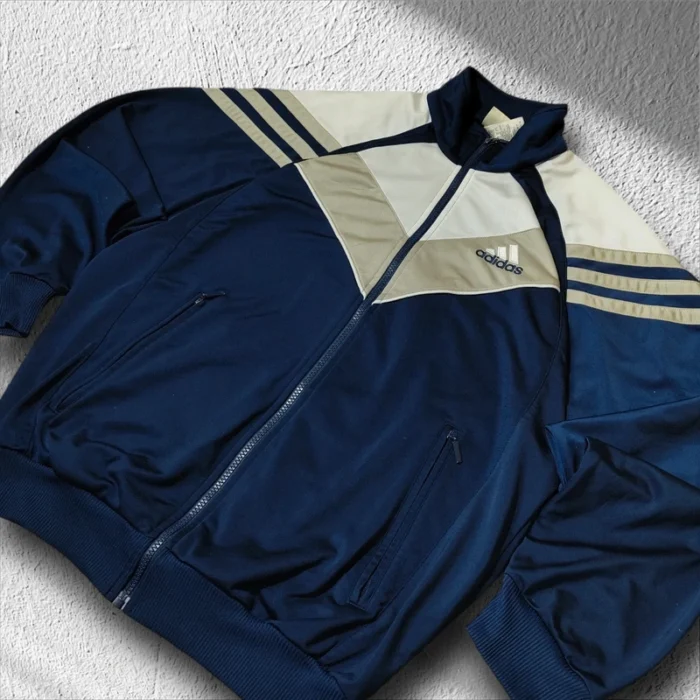 Adidas Vintage Trainingsjacke 90er Original S/M Dunkelblau Beige Streetwear Sportswear – Bild 2