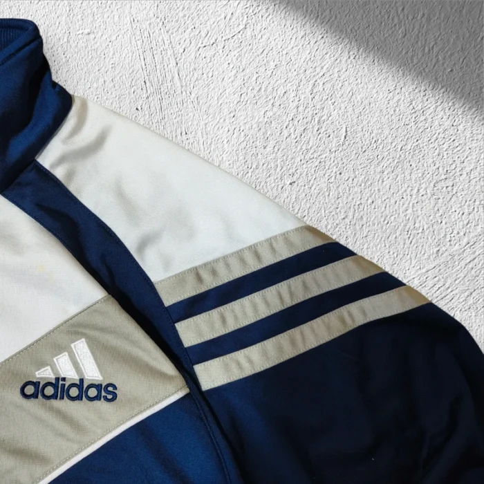 Adidas Vintage Trainingsjacke 90er Original S/M Dunkelblau Beige Streetwear Sportswear – Bild 3