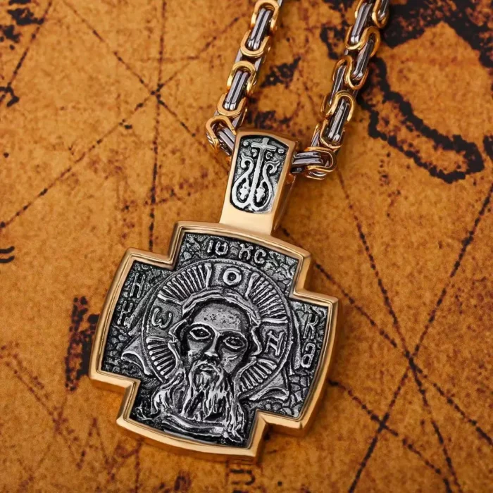 Jesus Kreuz Anhänger 316L Edelstahl Kette Silber Gold Orthodox Herren Damen 60cm – Bild 2